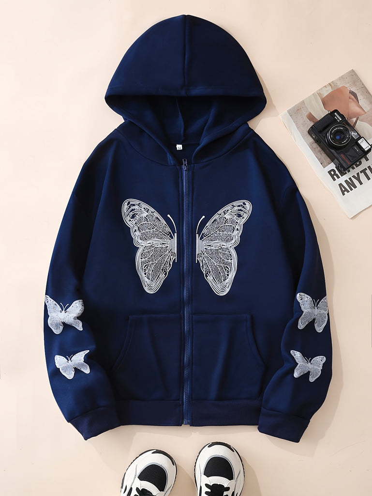 Butterfly Print Sweatshirt, Y2K Long Sleeve Crew Neck Zip Up Hoodies Sweatshirts, Casual Tops For Spring & Fall, Women's Clothing