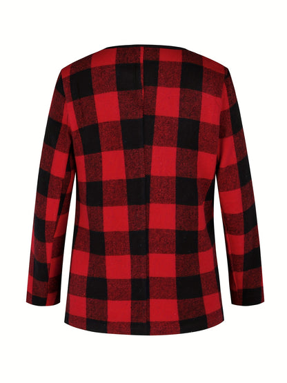 Plaid Print Open Front Jacket, Versatile Long Sleeve Lapel Jacket For Spring & Fall, Women's Clothing