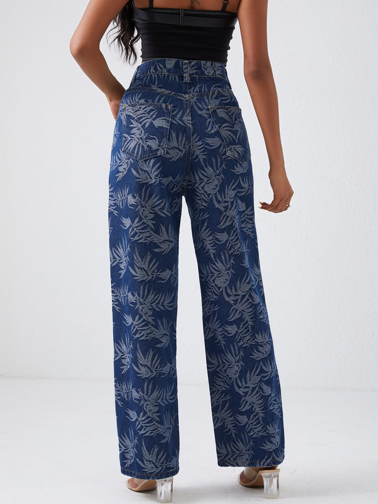 Leaf Print Chic Straight Jeans, Loose Fit Non-Stretch High Waist Denim Pants, Women's Denim Jeans & Clothing