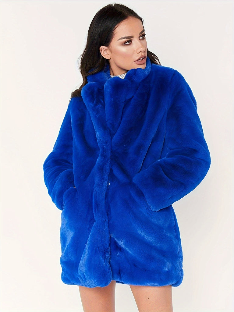 hoombox Plus Size Elegant Faux Fur Coat, Women's Plus Solid Faux Fur Long Sleeve Button Up Mock Neck Coat