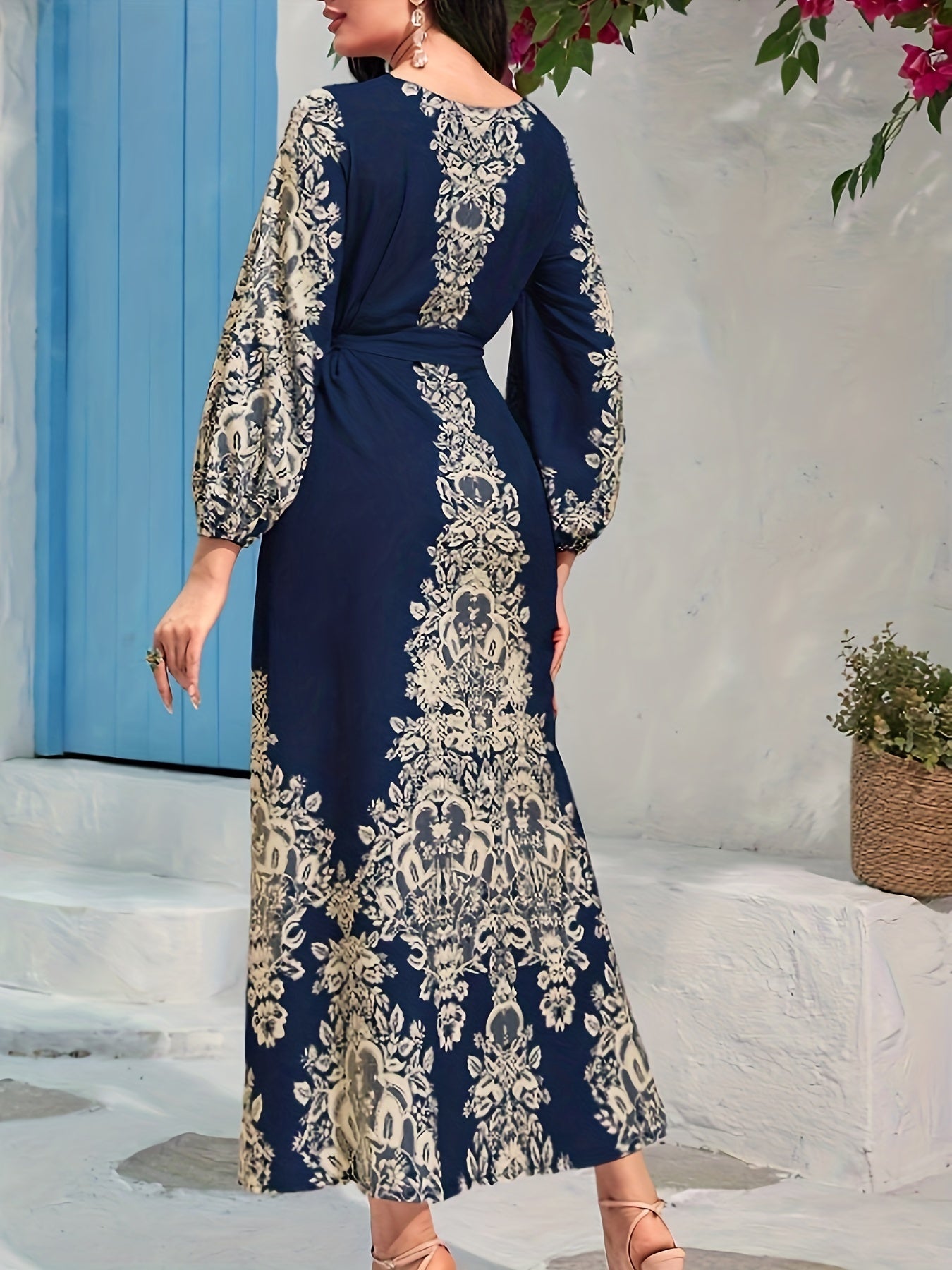 Graphic Print Tie Waist Kaftan Dress, Elegant Lantern Sleeve Maxi Length Dress, Women's Clothing
