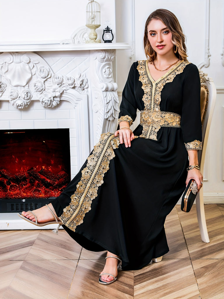 Lace Trim V Neck Kaftan Abaya, Elegant Long Sleeve Maxi Dress, Women's Clothing