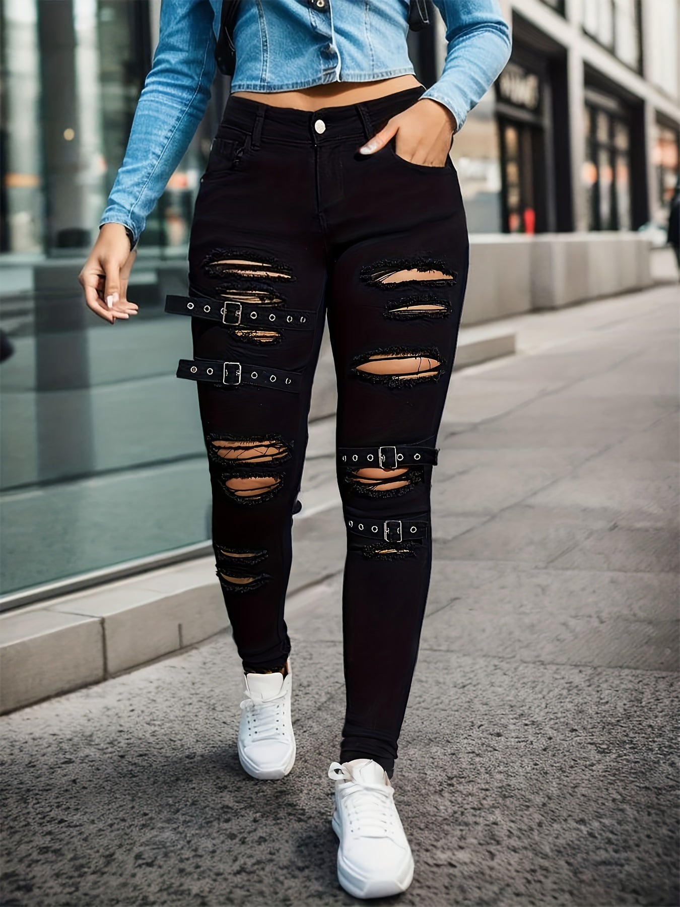 Ripped Grommet Buckle Detail Skinny Jeans, Solid Black High Strech Eye-catching Denim Pants, Women's Denim Jeans & Clothing