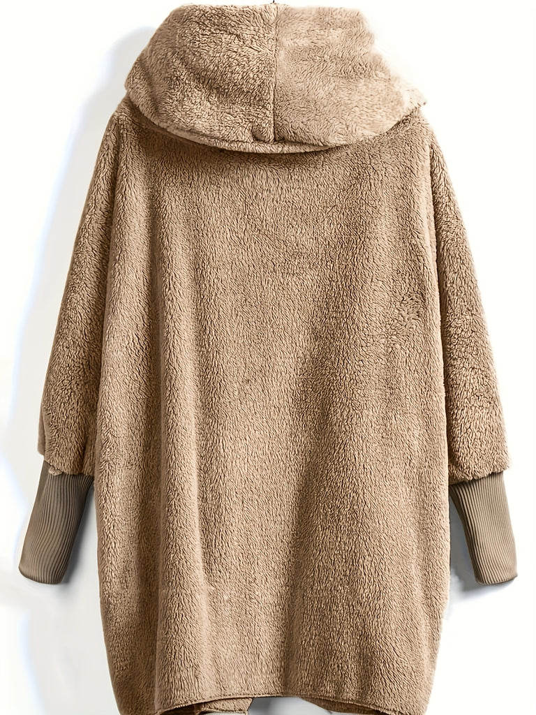 Open Front Hooded Teddy Coat, Casual Solid Long Sleeve Winter Outerwear, Women's Clothing