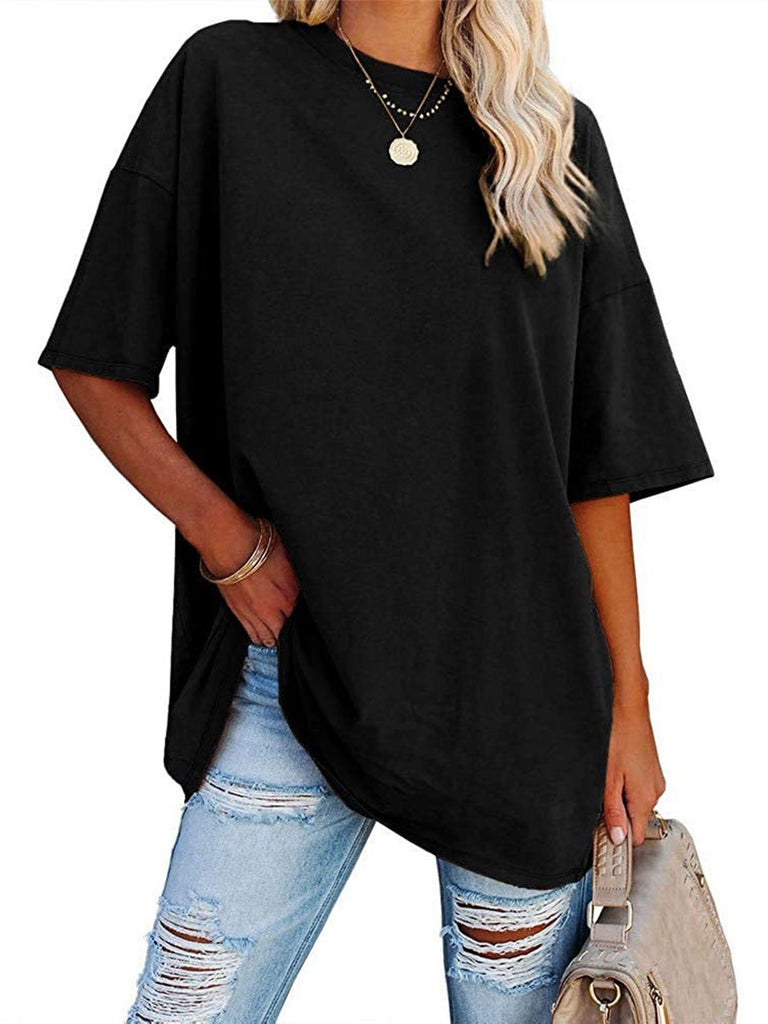 hoombox Oversized Solid Short Sleeve T-Shirt, Casual Crew Neck T-shirt, Casual Every Day Tops, Women's Clothing