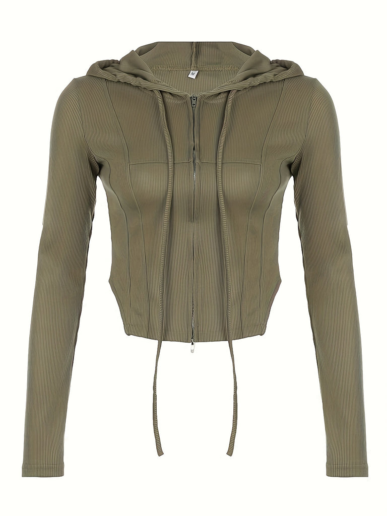 hoombox Solid Ribbed Zipper Hoodie, Casual Asymmetrical Hem Drawstring Long Sleeve Hoodies Jacket, Women's Clothing