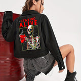 hoombox  Halloween Skeleton Pattern Denim Coat, Long Sleeves Lapel Denim Jacket, Women's Denim Clothing