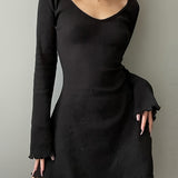 Lettuce Trim Solid Dress, Elegant V Neck Long Sleeve Mini Dress, Women's Clothing
