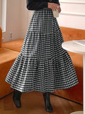 Plaid Print Tiered Skirts, Elegant High Waist Midi Skirts, Women's Clothing