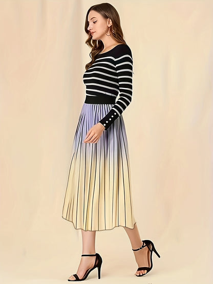 Plus Size Elegant Skirt, Women's Plus Ombre Print Elastic Waisted Pleated A-line Skirt