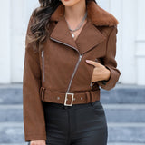 Fuzzy Trim Zipper Jacket, Casual Long Sleeve Lapel Outerwear, Women's Clothing