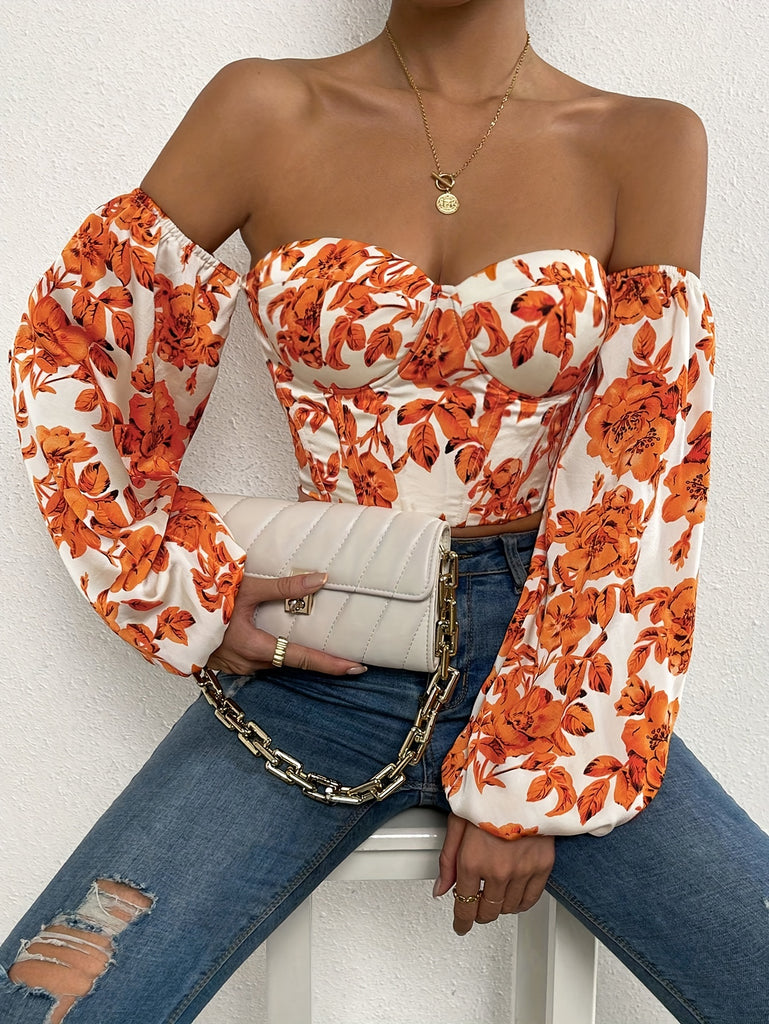 hoombox Floral Print Off Shoulder Blouse, Casual Long Sleeve Blouse For Spring & Fall, Women's Clothing