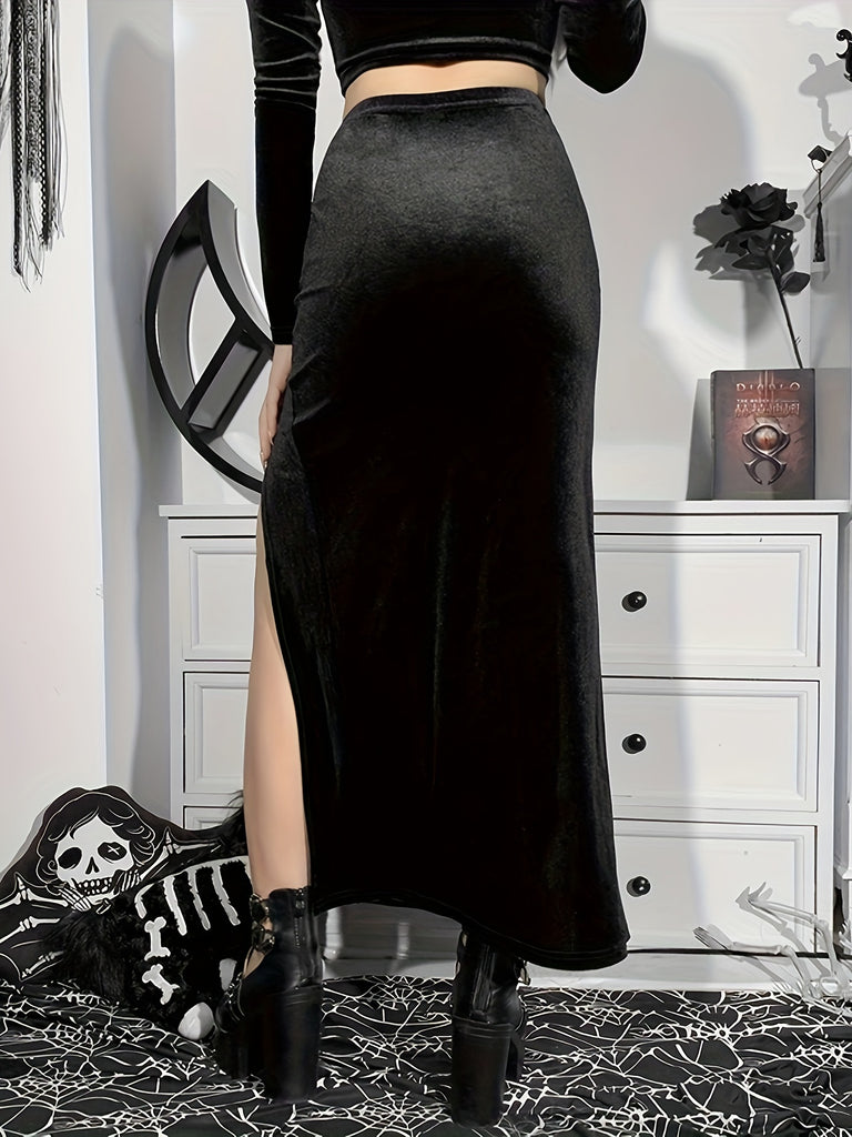 Solid Bow Decor Split Thigh Skirt, Casual High Waist Bodycon Velvet Skirt, Women's Clothing
