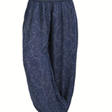 hoombox Plus Size Boho Pants, Women's Plus Paisley Print Ruched Loose Fit Medium Stretch Baggy Pants