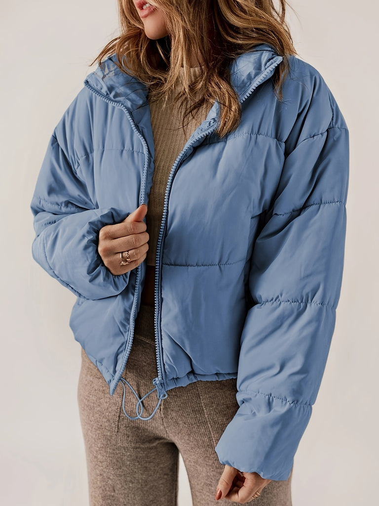 Solid Color Zip-up Puffy Jacket, Casual Long Sleeve Coat For Fall & Winter, Women's Clothing