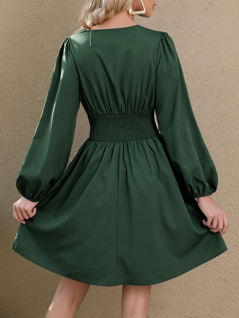 hoombox  Ruched Lantern Long Sleeve Dress, Elegant Solid V Neck Midi Dress, Women's Clothing
