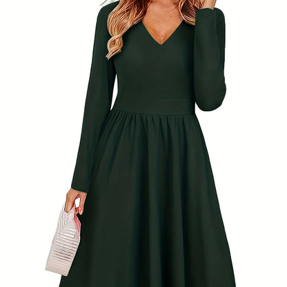 hoombox Solid Color Long Sleeve Flared Dress, Casual V Neck Dress For Spring & Fall, Women's Clothing
