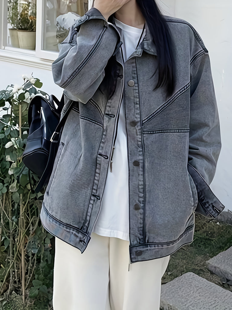 hoombox  Loose Fit Lapel Denim Coat, Long Sleeves Chic Versatile Denim Jacket, Women's Denim Clothing