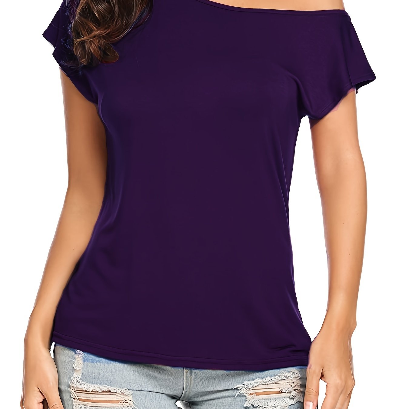 Solid Slanted Shoulder Short Sleeve T-shirt, Asymmetrical Casual Loose Summer T-shirt, Women's Clothing