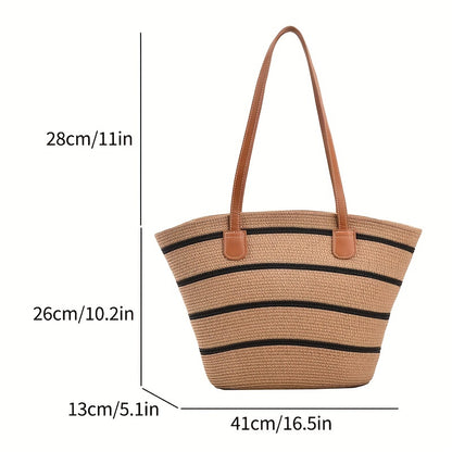 hoombox  Striped Pattern Straw Bag, Vacation Style Tote Bag, Boho Style Shoulder Bag For Travel Beach