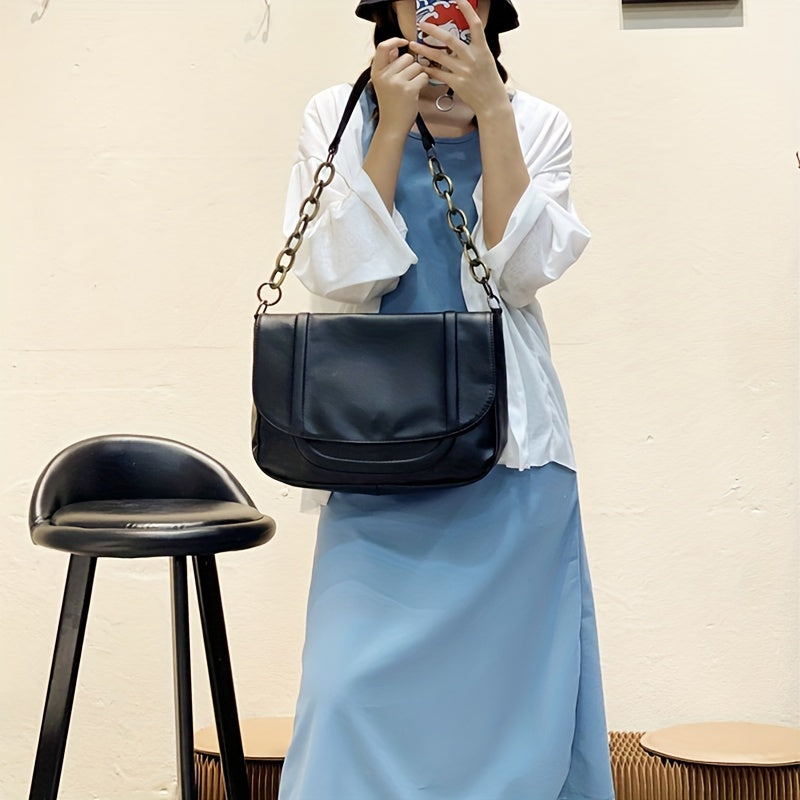 hoombox  Vintage Large Capacity Chain Shoulder Bag, Simple Solid Color Flap Underarm Bag, Perfect Armpit Bag For Daily Use