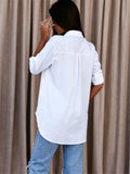 Solid Button Down Shirt, Casual Roll Up Sleeve Curved Hem Shirt, Women's Clothing