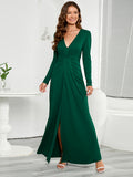Split Thigh Ruched Solid Dress, Elegant V Neck Long Sleeve Bodycon Dress, Women's Clothing