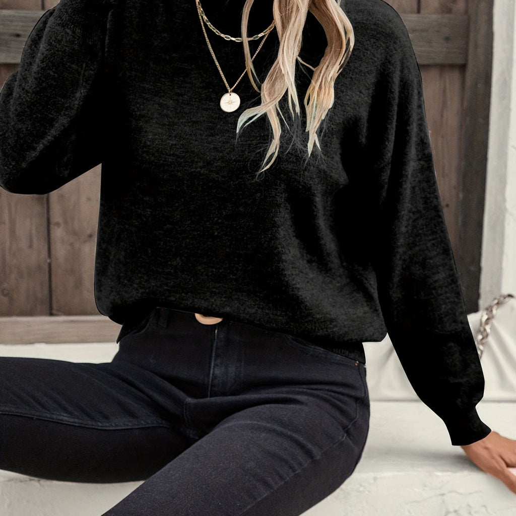 Solid Mock Neck Pullover Sweater, Casual Long Sleeve Sweater, Women's Clothing