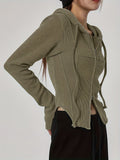 hoombox Solid Ribbed Zipper Hoodie, Casual Asymmetrical Hem Drawstring Long Sleeve Hoodies Jacket, Women's Clothing