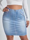 Plus Size Denim Print High Waist Bodycon Skirt, Women's Plus High Stretch Solid Skirt