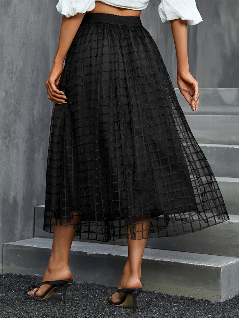 Plaid Pattern Mesh Skirt, Casual High Waist Midi Skirt, Women's Clothing