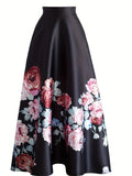 hoombox Plus Size Elegant Skirt, Women's Plus Floral Print High Rise Non-stretch A-line Maxi Skirt