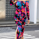Allover Print Split Dress, Elegant Long Sleeve Bodycon Midi Dress, Women's Clothing