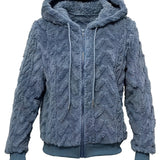 hoombox Solid Zip Up Drawstring Hoodie, Casual Long Sleeve Fleece Warm Hooded Coat, Women's Clothing
