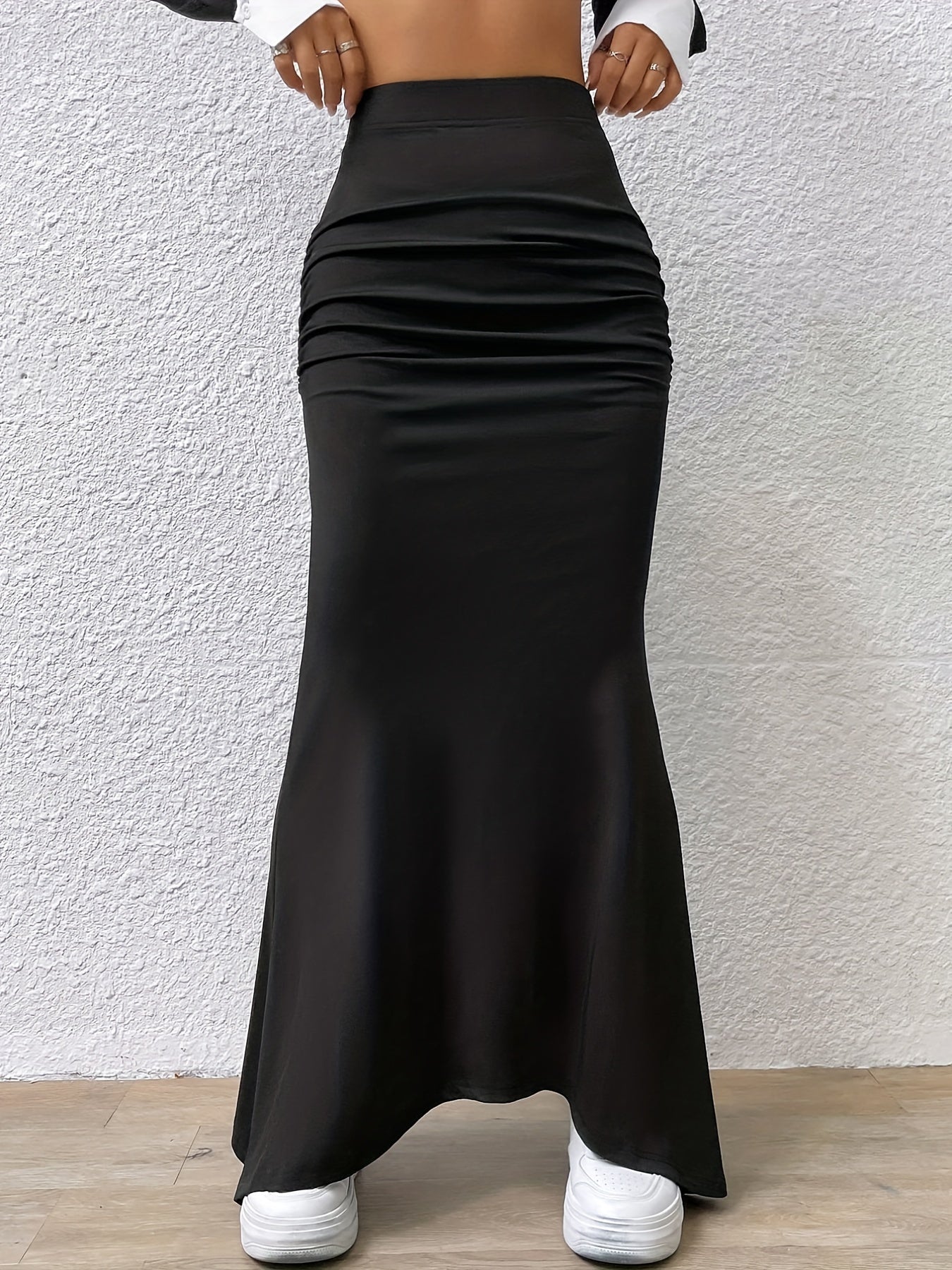 Solid Ruched High Waist Skirt, Elegant Slim Bodycon Skirt For Spring & Fall, Women's Clothing