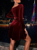 hoombox V Neck Flared Dress, Sexy Long Sleeve Solid Party Dress, Women's Clothing