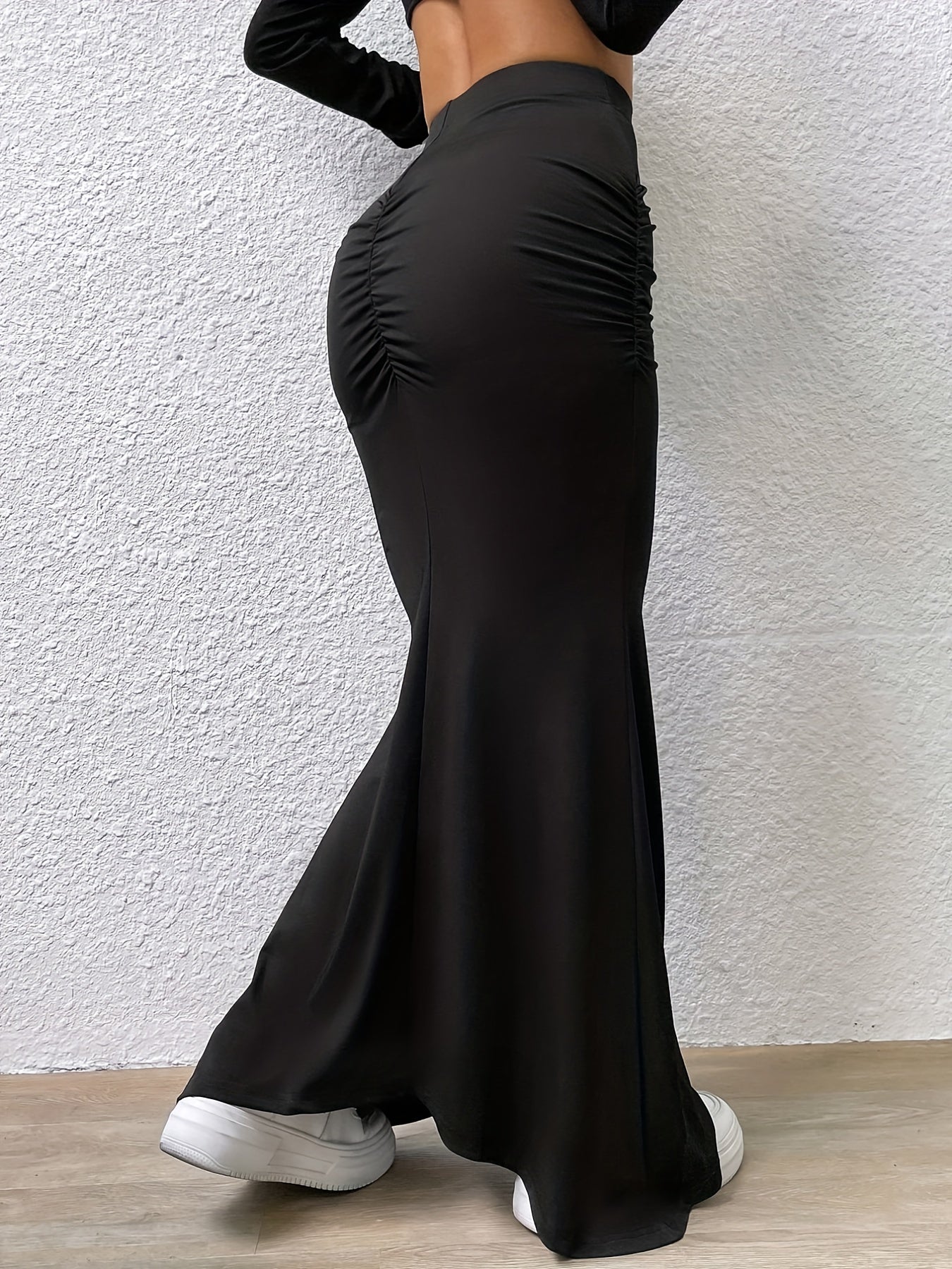 Solid Ruched High Waist Skirt, Elegant Slim Bodycon Skirt For Spring & Fall, Women's Clothing
