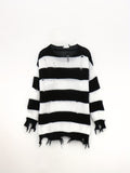 hoombox  Y2K Striped Crew Neck Ripped Sweater, Long Sleeve Raw Trim Loose Sweater For Spring & Fall, Women's Clothing