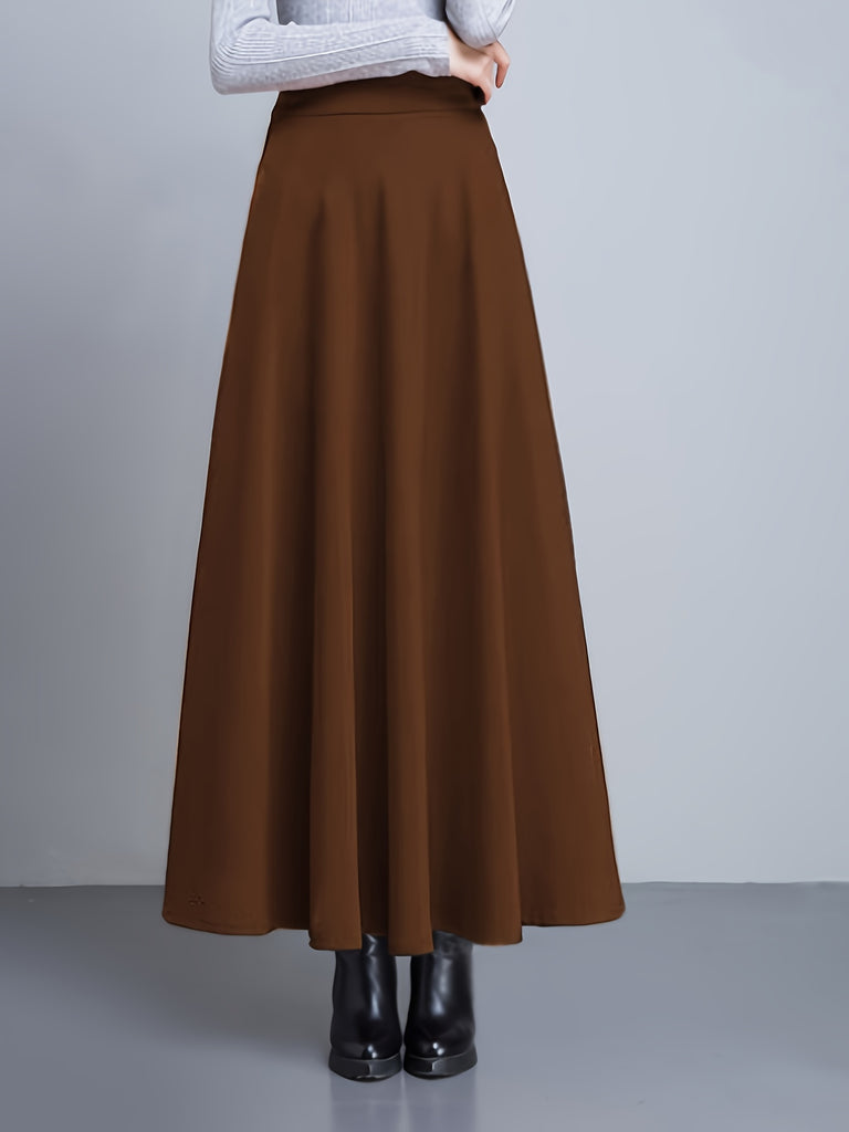 Solid High Waist Swing Skirt, Elegant Draped Maxi Skirt For Spring & Fall, Women's Clothing