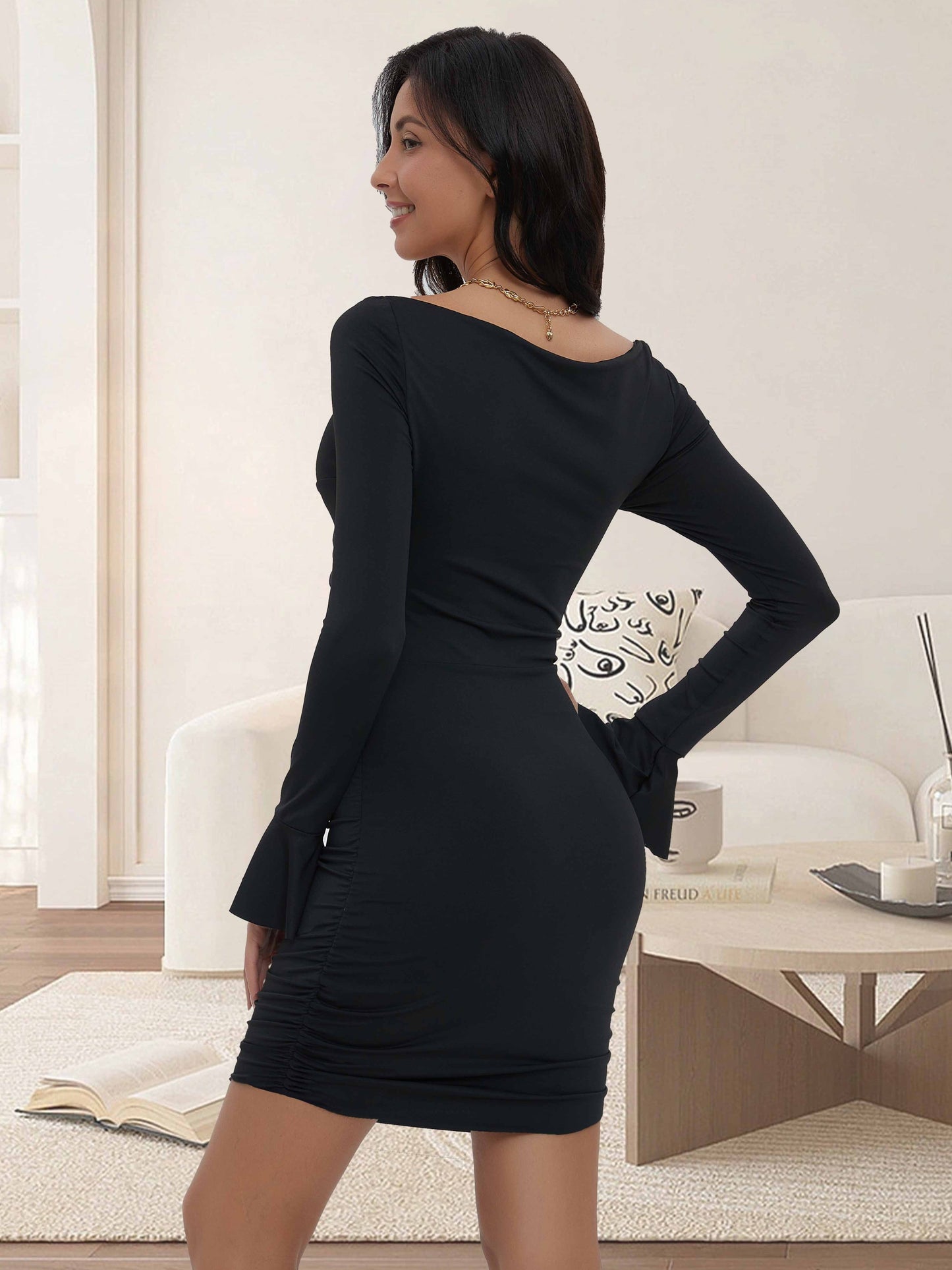 Solid Twist Front Ruched Dress, Casual Long Sleeve Bodycon Dress, Women's Clothing