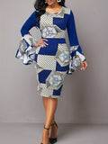 Color Block & Striped Bodycon Dress, Elegant Flared Sleeve Dress, Women's Clothing