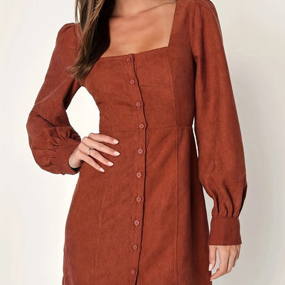 Button Front Squared Neck Dress, Casual Solid Long Sleeve Dress, Women's Clothing