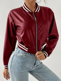 Faux Leather Crop Jacket, Y2K Zip Front Long Sleeve Jacket For Fall & Winter, Women's Clothing