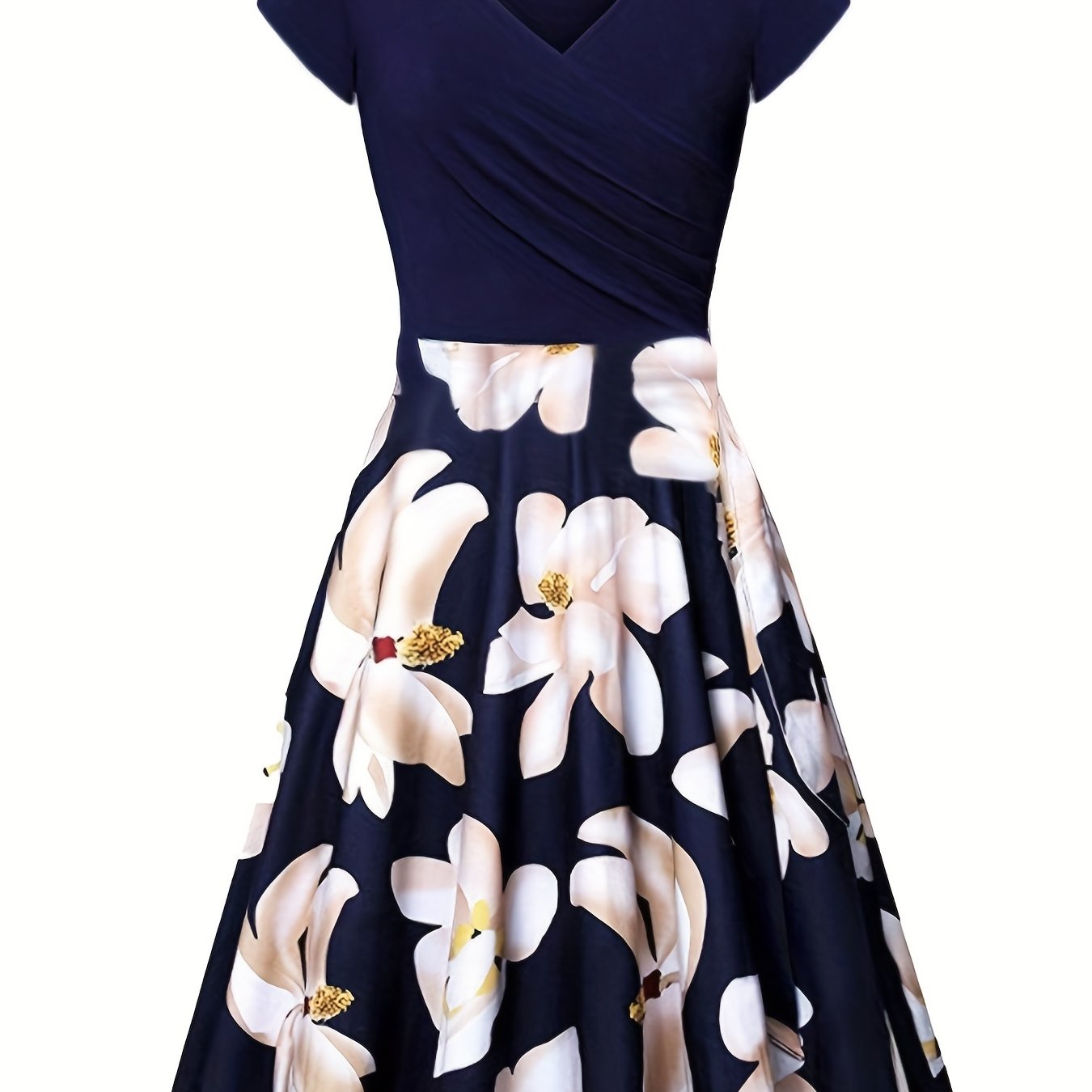 Floral Print V Neck Dress, Elegant Short Sleeve Dress For Spring & Summer, Women's Clothing