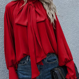 Ruffle Trim Tie Neck Blouse, Casual Solid Long Sleeve Blouse For Spring & Summer, Women's Clothing