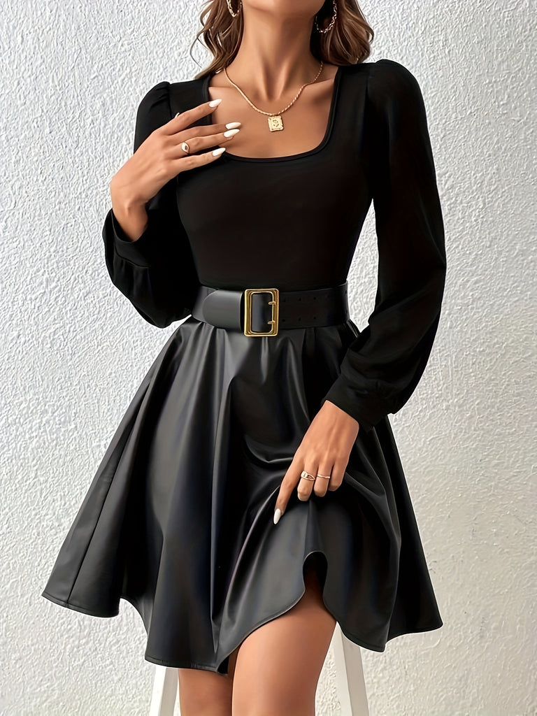 Solid Scoop Neck Mini Dress, Casual Long Sleeve Slim Dress, Women's Clothing