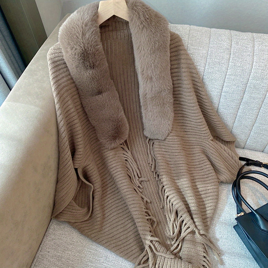 Large Fur Collar Cape Shawl Monochrome Striped Knitted Tassel Cardigan Outside Wear Warm Thick Shawl