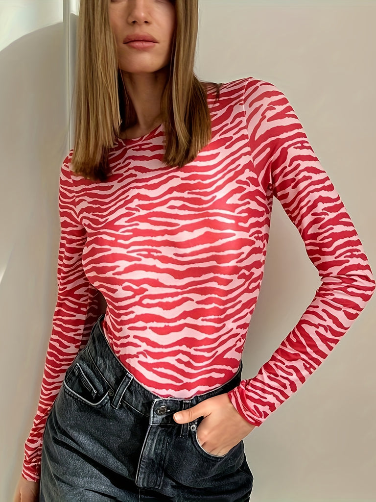 hoombox Zebra Print Crew Neck T-Shirt, Versatile Long Sleeve Slim T-Shirt For Spring & Fall, Women's Clothing