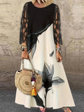 Plus Size Boho Dress, Women's Plus Colorblock Floral Print Contrast Mesh Long Sleeve Round Neck Maxi Dress