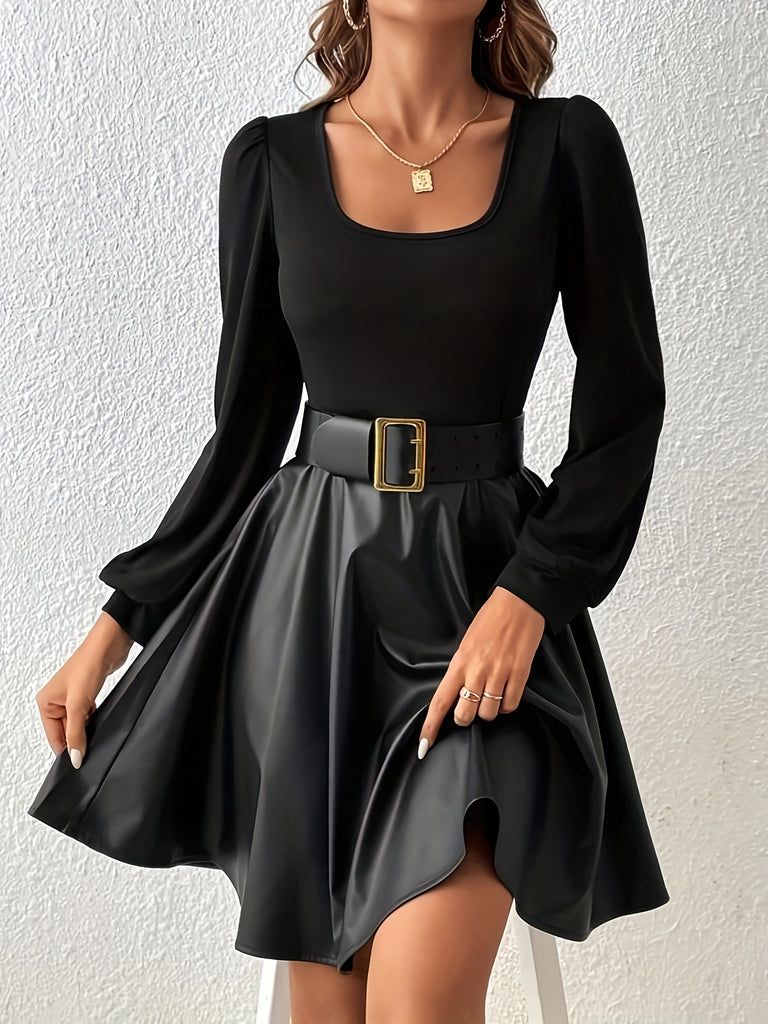 Solid Scoop Neck Mini Dress, Casual Long Sleeve Slim Dress, Women's Clothing